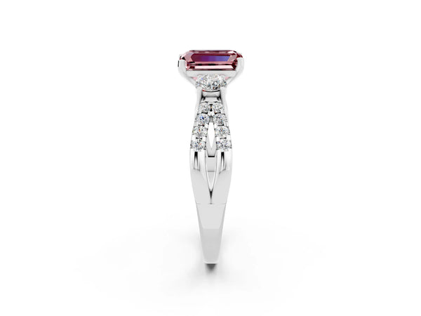 Silver Emerald Cut Morganite Three-Stone Ring with Pavé Split Shank and Four-Prong Setting