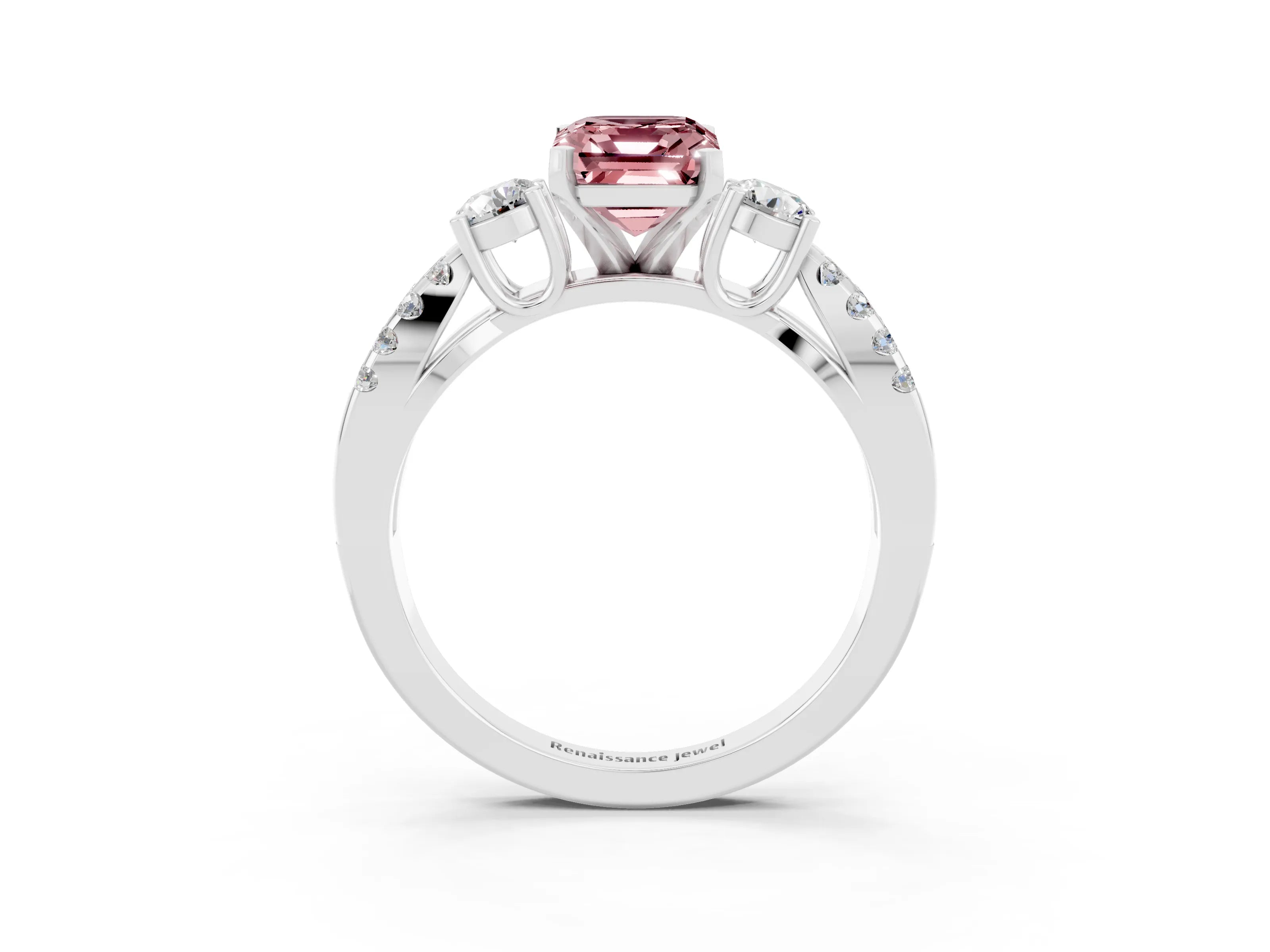 White gold Emerald Cut Morganite Three-Stone Ring with Pavé Split Shank and Four-Prong Setting_3