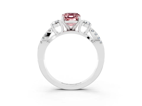White gold Emerald Cut Morganite Three-Stone Ring with Pavé Split Shank and Four-Prong Setting_3