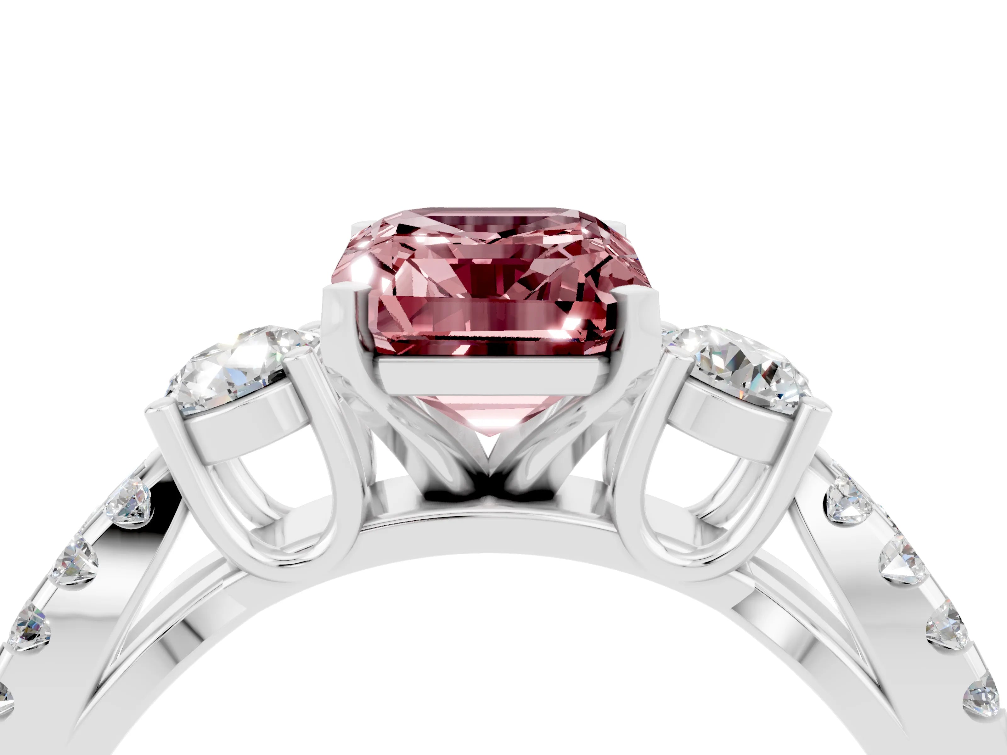 White gold Emerald Cut Morganite Three-Stone Ring with Pavé Split Shank and Four-Prong Setting_4