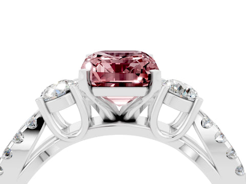 White gold Emerald Cut Morganite Three-Stone Ring with Pavé Split Shank and Four-Prong Setting_4