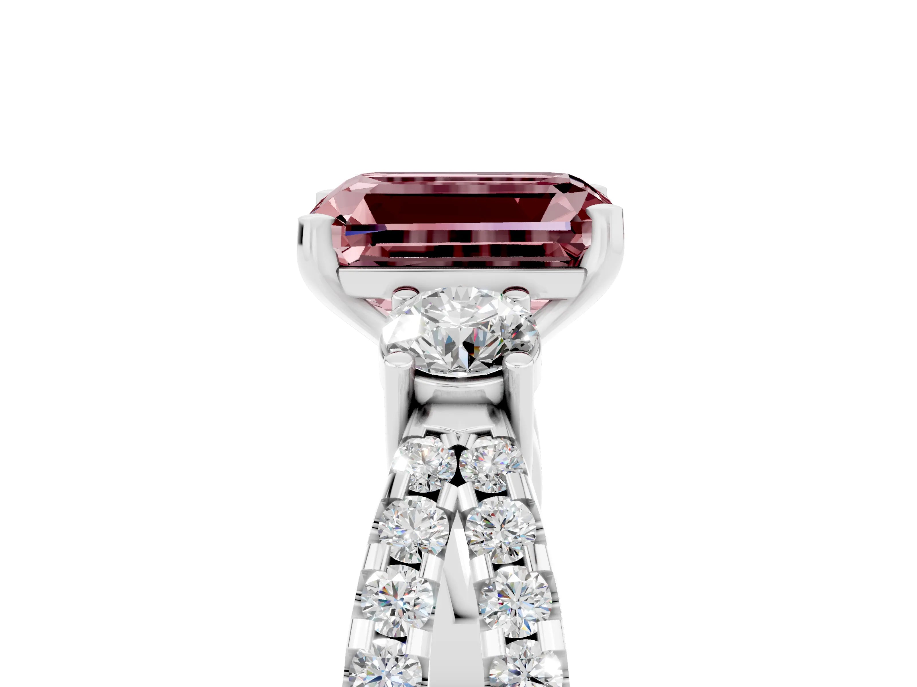 White gold Emerald Cut Morganite Three-Stone Ring with Pavé Split Shank and Four-Prong Setting_5