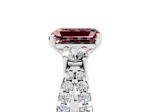 White gold Emerald Cut Morganite Three-Stone Ring with Pavé Split Shank and Four-Prong Setting_5
