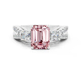 White gold Emerald Cut Morganite Three-Stone Ring with Pavé Split Shank and Four-Prong Setting