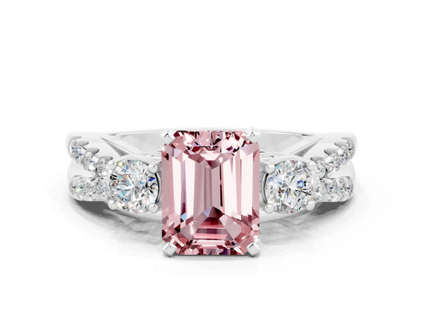 Silver Emerald Cut Morganite Three-Stone Ring with Pavé Split Shank and Four-Prong Setting