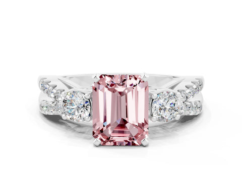 White gold Emerald Cut Morganite Three-Stone Ring with Pavé Split Shank and Four-Prong Setting