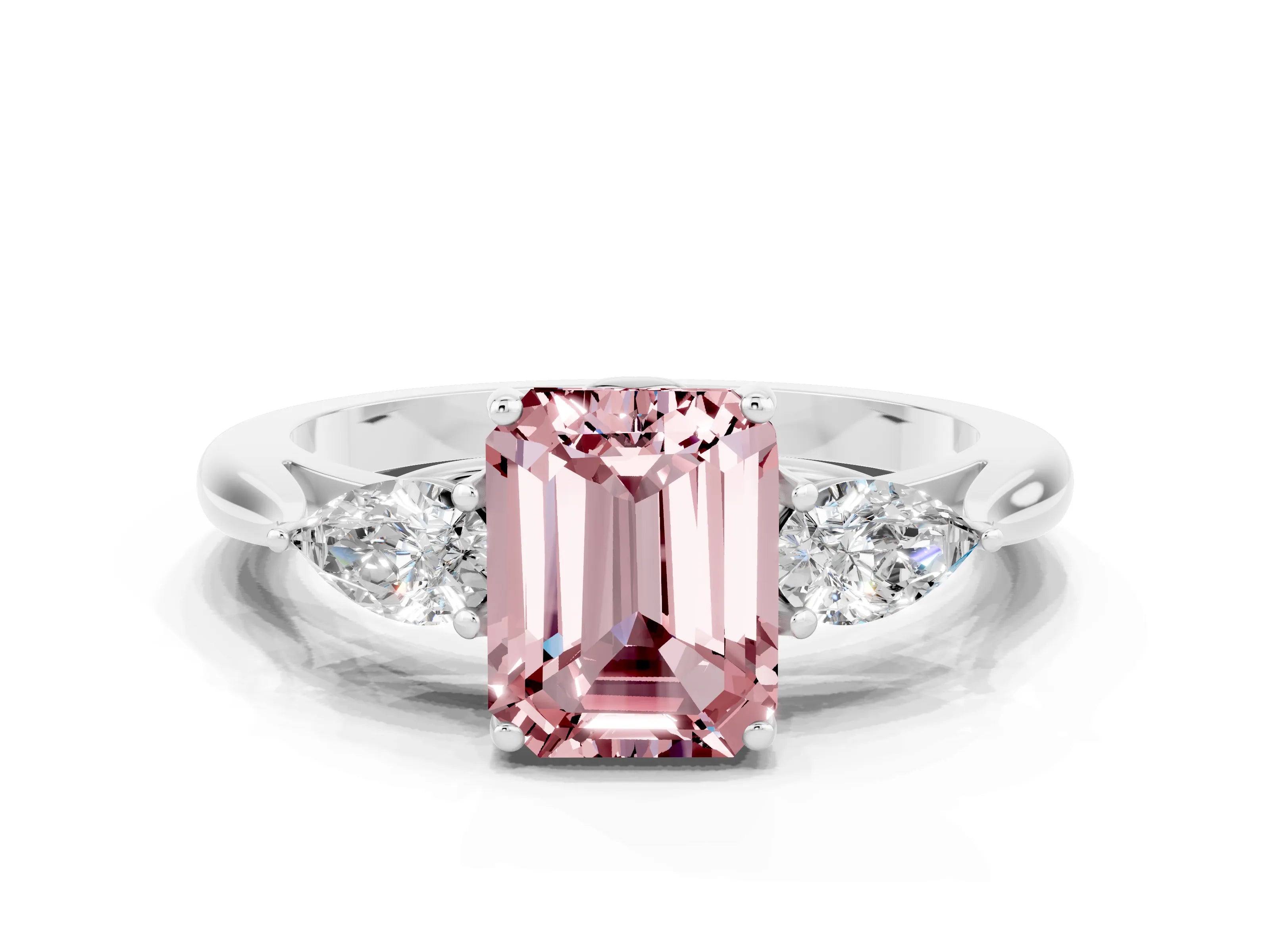 White gold Emerald Cut Morganite Three-Stone Ring with Pear Side Stones and Four-Prong Setting_12