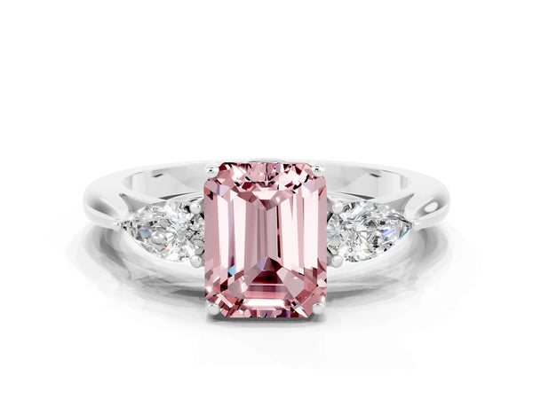 Platinum Emerald Cut Morganite Three-Stone Ring with Pear  Side Stones and Prong Setting