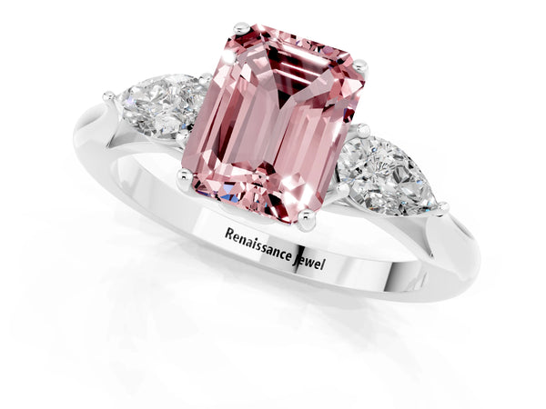 Platinum Emerald Cut Morganite Three-Stone Ring with Pear  Side Stones and Prong Setting