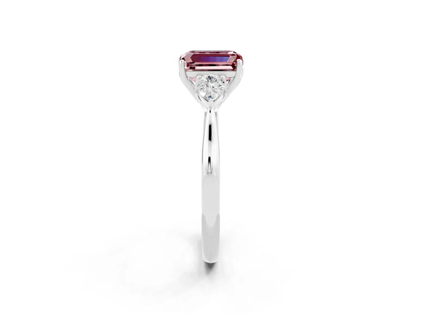 Platinum Emerald Cut Morganite Three-Stone Ring with Pear  Side Stones and Prong Setting