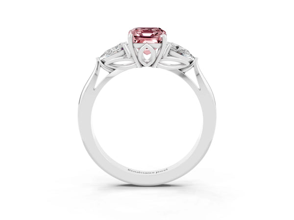 Platinum Emerald Cut Morganite Three-Stone Ring with Pear  Side Stones and Prong Setting