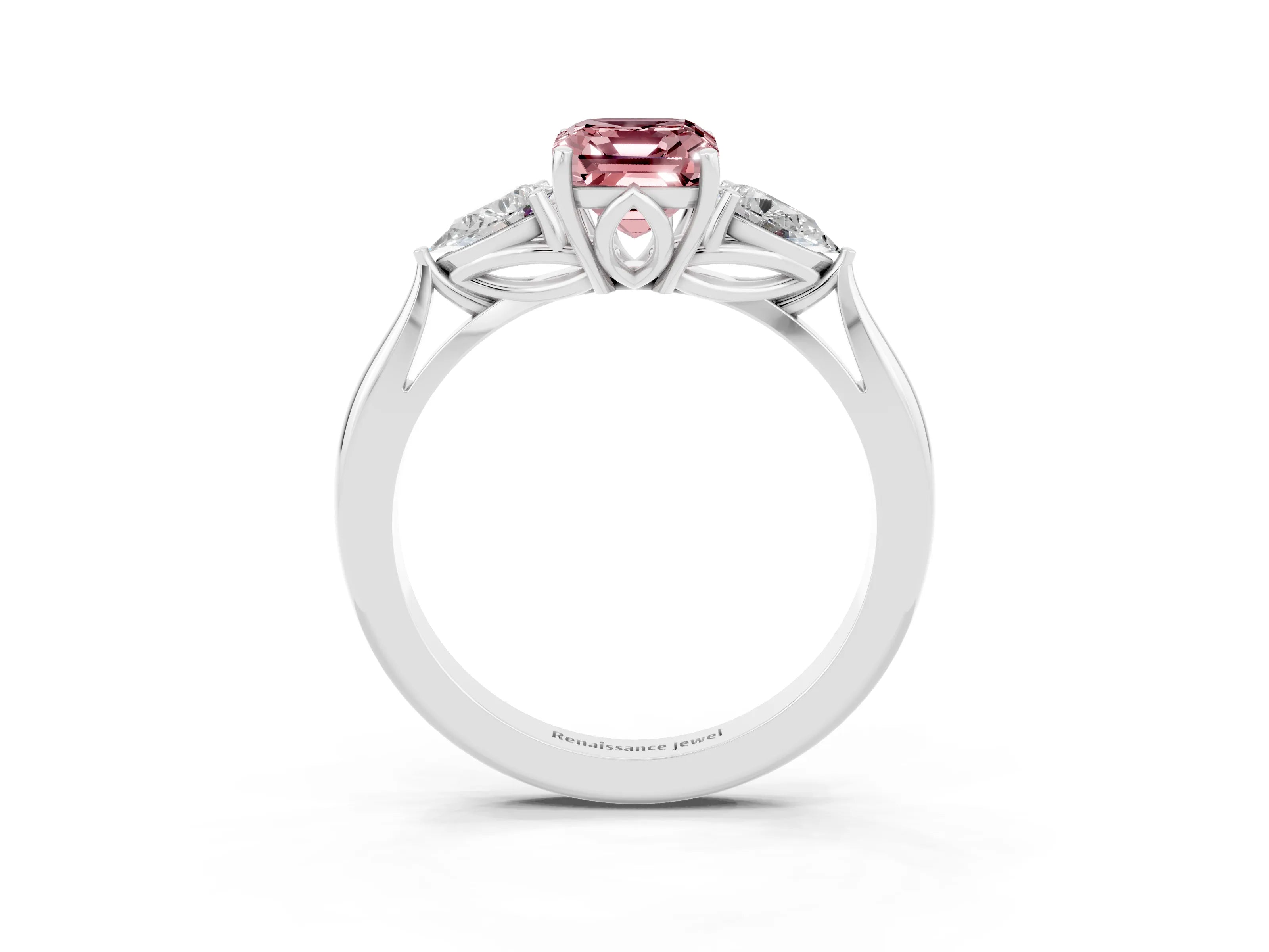 White gold Emerald Cut Morganite Three-Stone Ring with Pear Side Stones and Four-Prong Setting_15