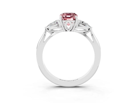 White gold Emerald Cut Morganite Three-Stone Ring with Pear Side Stones and Four-Prong Setting_15
