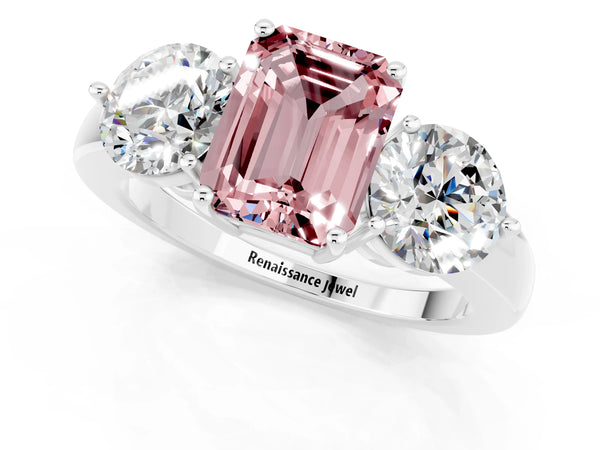Silver Emerald Cut Morganite Three-Stone Ring with Prong Setting and Classic Band