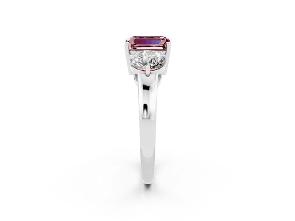Platinum Emerald Cut Morganite Three-Stone Ring with Prong Setting and Classic Band