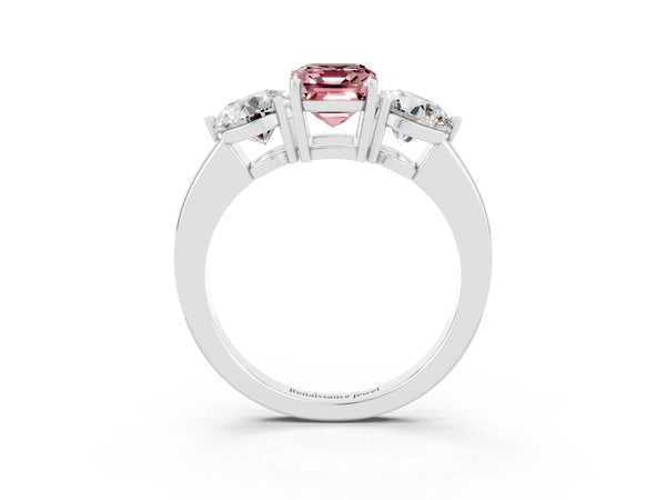 Silver Emerald Cut Morganite Three-Stone Ring with Prong Setting and Classic Band