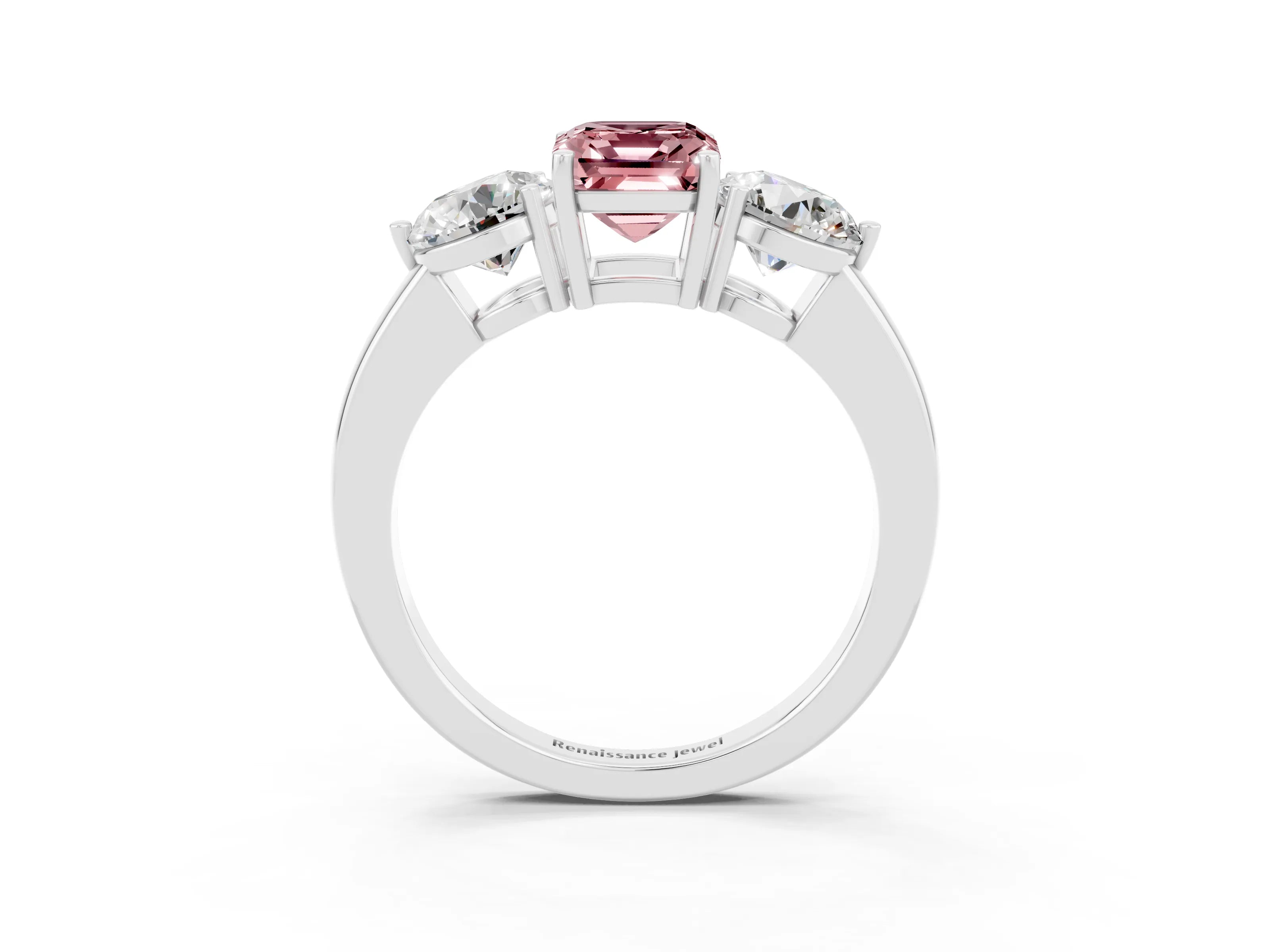 White gold Emerald Cut Morganite Three-Stone Ring with Prong Setting and Classic Band_3