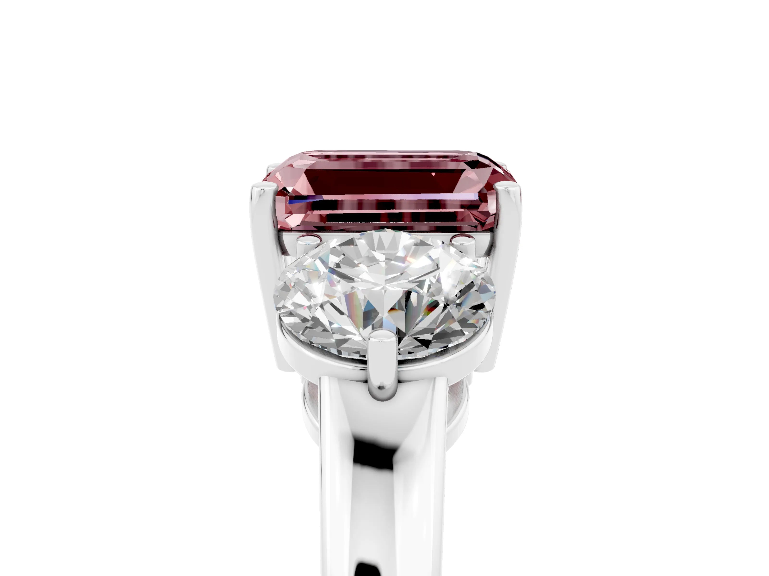 White gold Emerald Cut Morganite Three-Stone Ring with Prong Setting and Classic Band_5