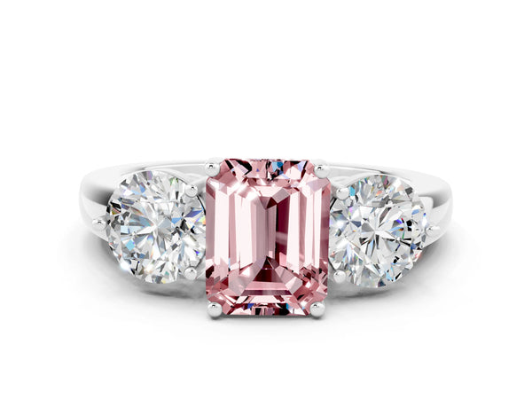 White gold Emerald Cut Morganite Three-Stone Ring with Prong Setting and Classic Band