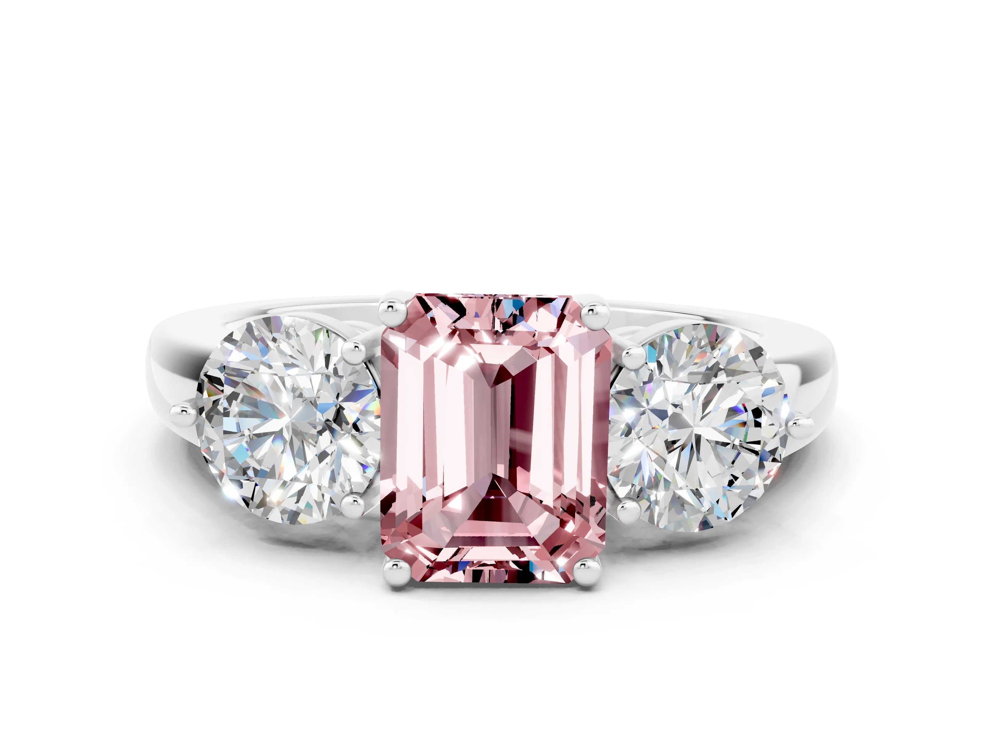 White gold Emerald Cut Morganite Three-Stone Ring with Prong Setting and Classic Band