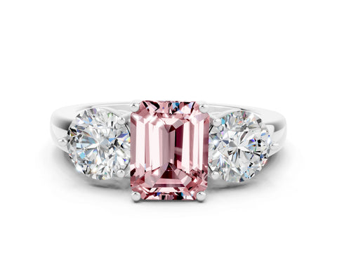 White gold Emerald Cut Morganite Three-Stone Ring with Prong Setting and Classic Band