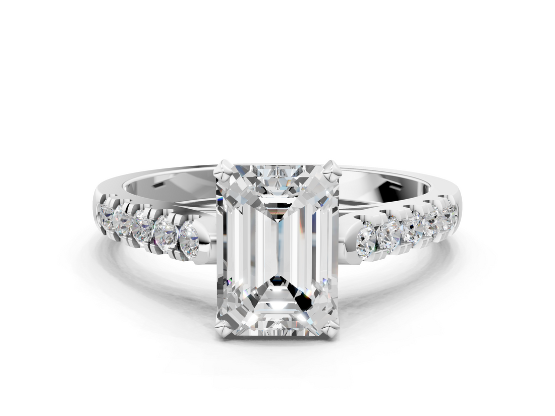 White gold Emerald Cut Pavé Band Solitaire Ring with Four-Prong Setting_274