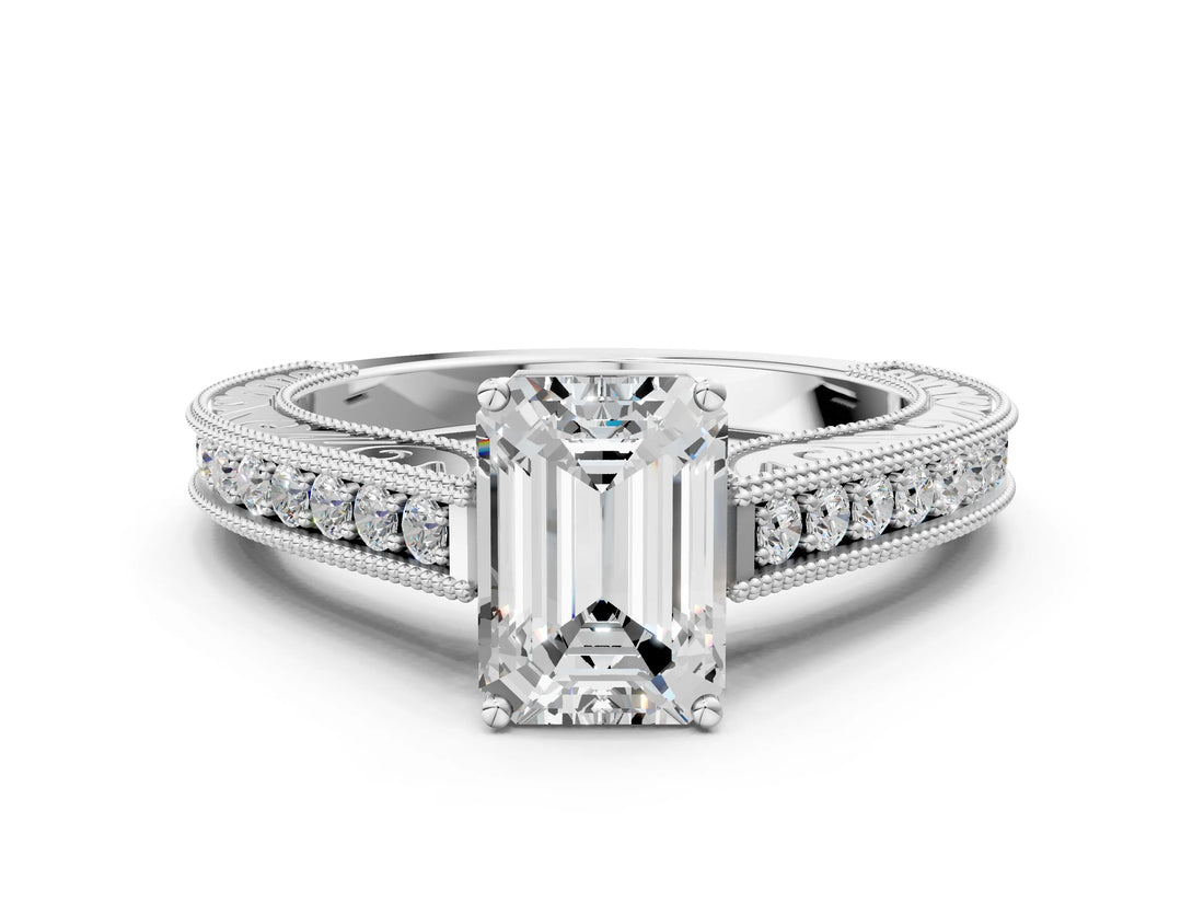 White gold Emerald Cut Pave Band Milgrain Solitaire Ring_6