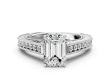 White gold Emerald Cut Pave Band Milgrain Solitaire Ring_6