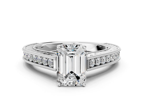 White Gold Emerald Cut Vintage Solitaire Engagement Ring Setting with Engraved Milgrain Pave Band