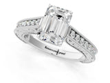 White gold Emerald Cut Pave Band Milgrain Solitaire Ring_7