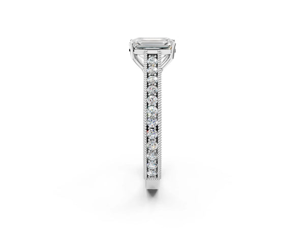 White Gold Emerald Cut Vintage Solitaire Engagement Ring Setting with Engraved Milgrain Pave Band