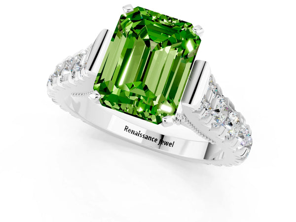 White gold Emerald Cut Peridot Classic Solitaire Ring with Pavé Band and Four-Prong Setting
