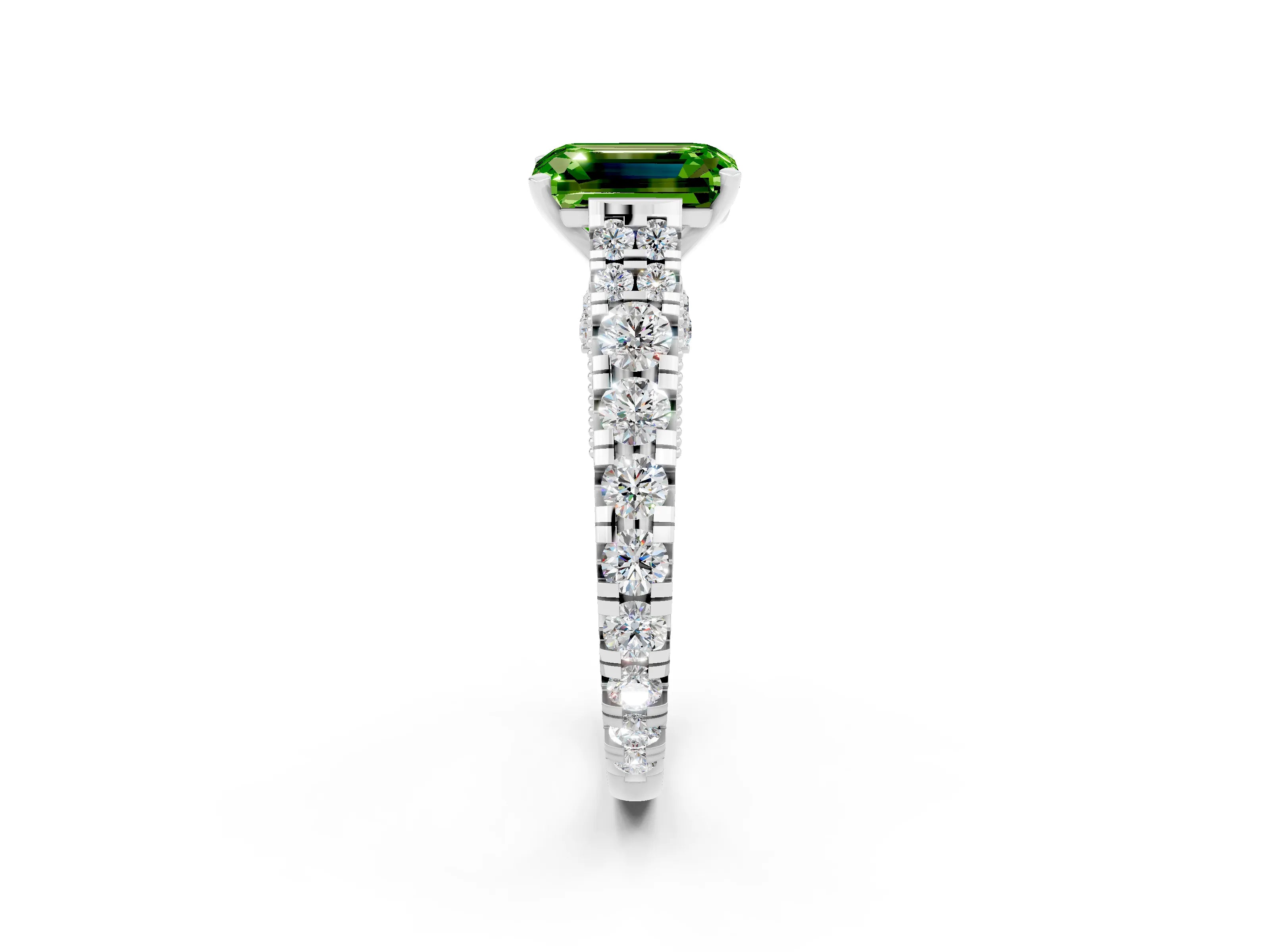 White gold Emerald Cut Peridot Classic Solitaire Ring with Pavé Band and Four-Prong Setting_2