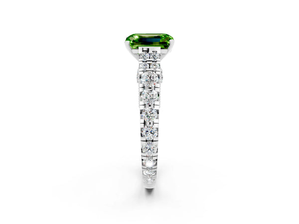 Platinum Emerald Cut Peridot Classic Solitaire Ring with Pavé Band and Four-Prong Setting