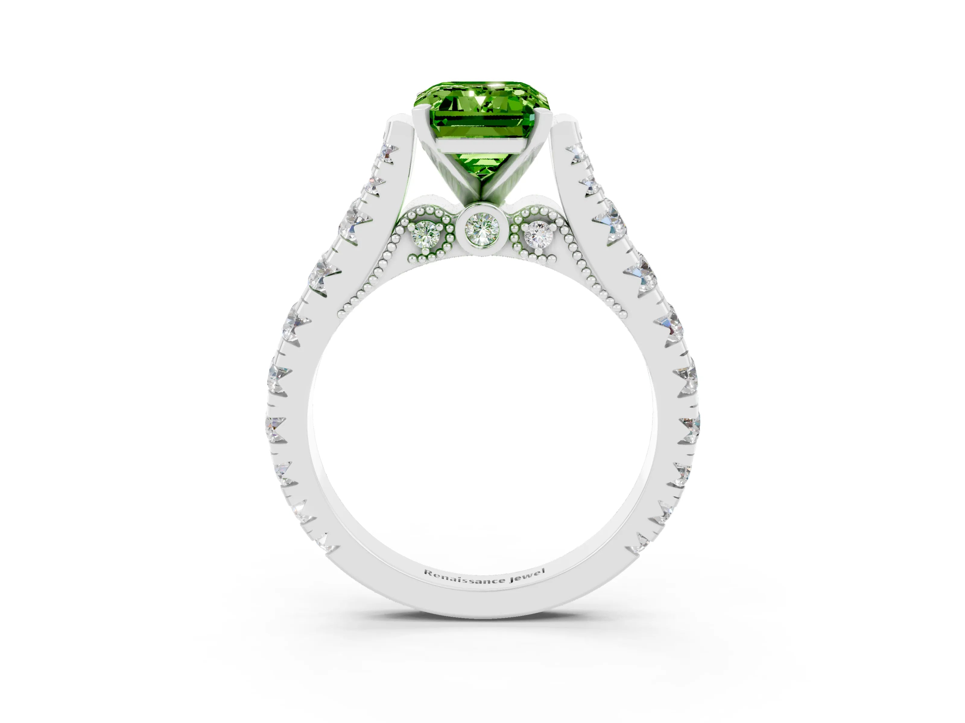 White gold Emerald Cut Peridot Classic Solitaire Ring with Pavé Band and Four-Prong Setting_3