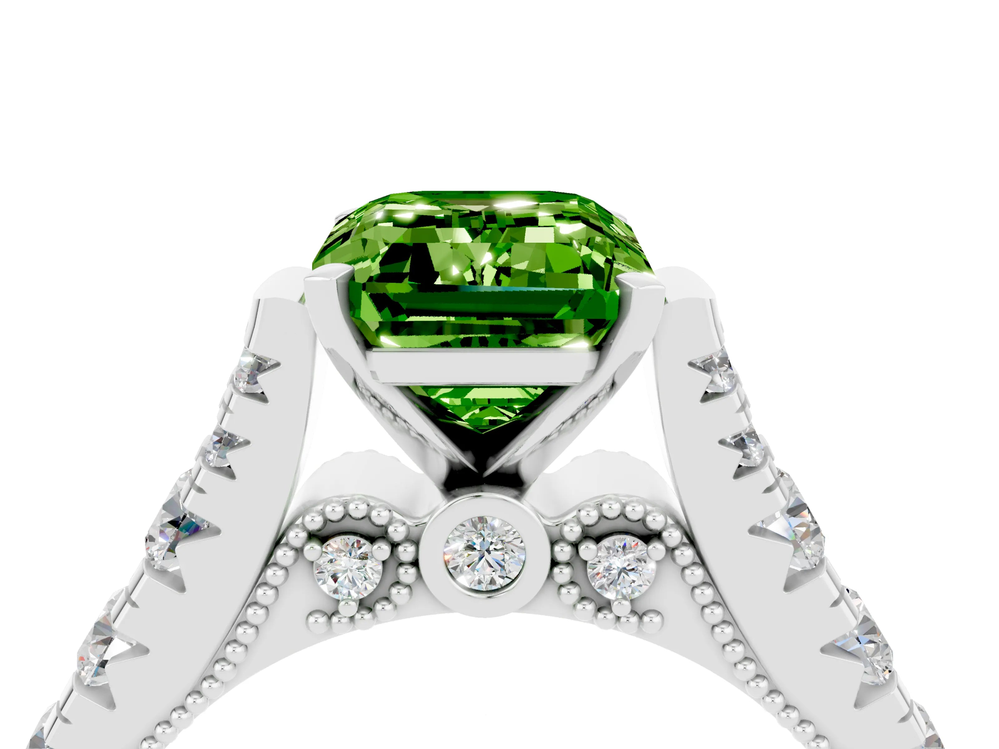 White gold Emerald Cut Peridot Classic Solitaire Ring with Pavé Band and Four-Prong Setting_4