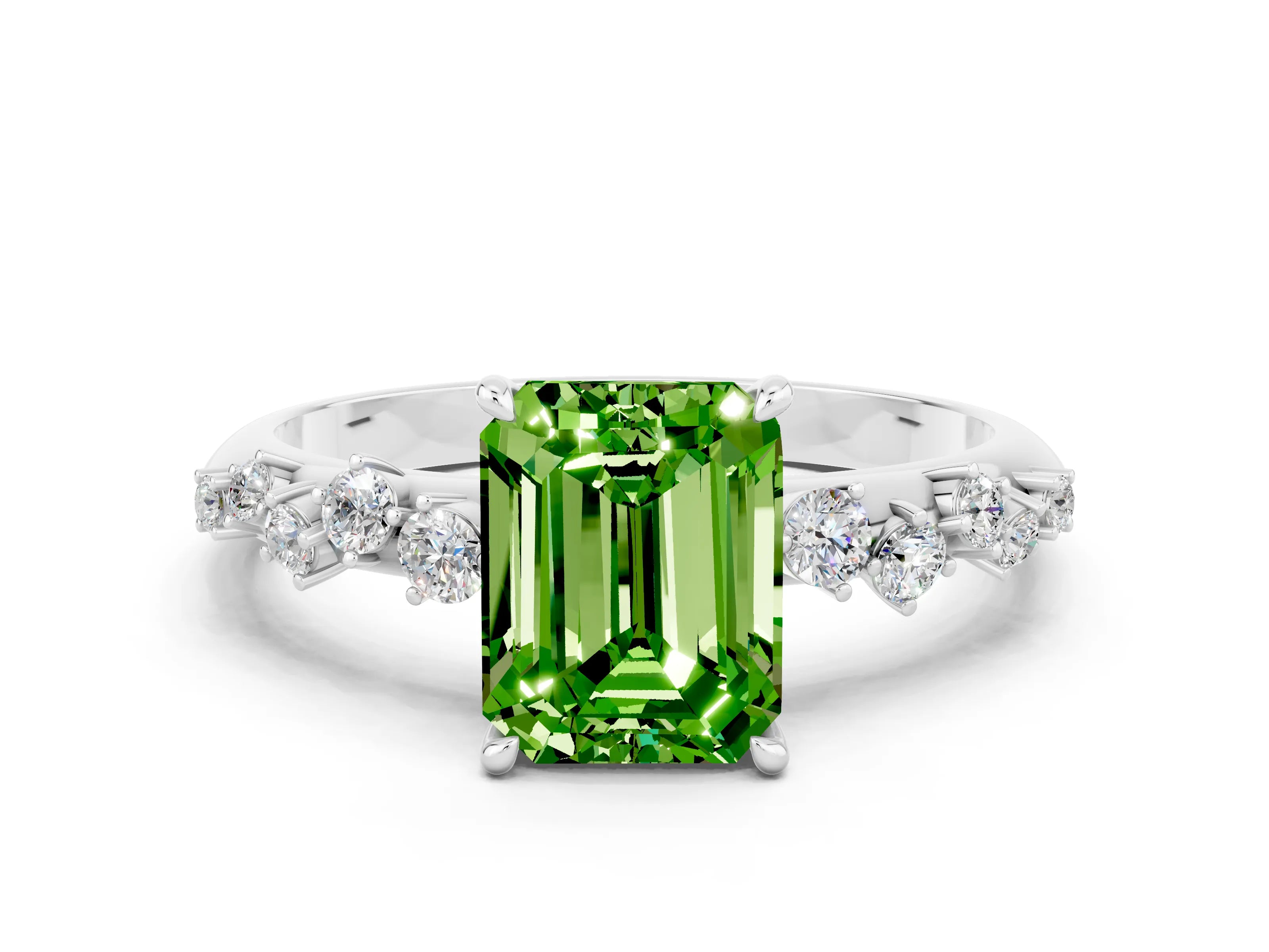 White gold Emerald Cut Peridot Cluster Side Stone Solitaire Ring with Prong Setting_24