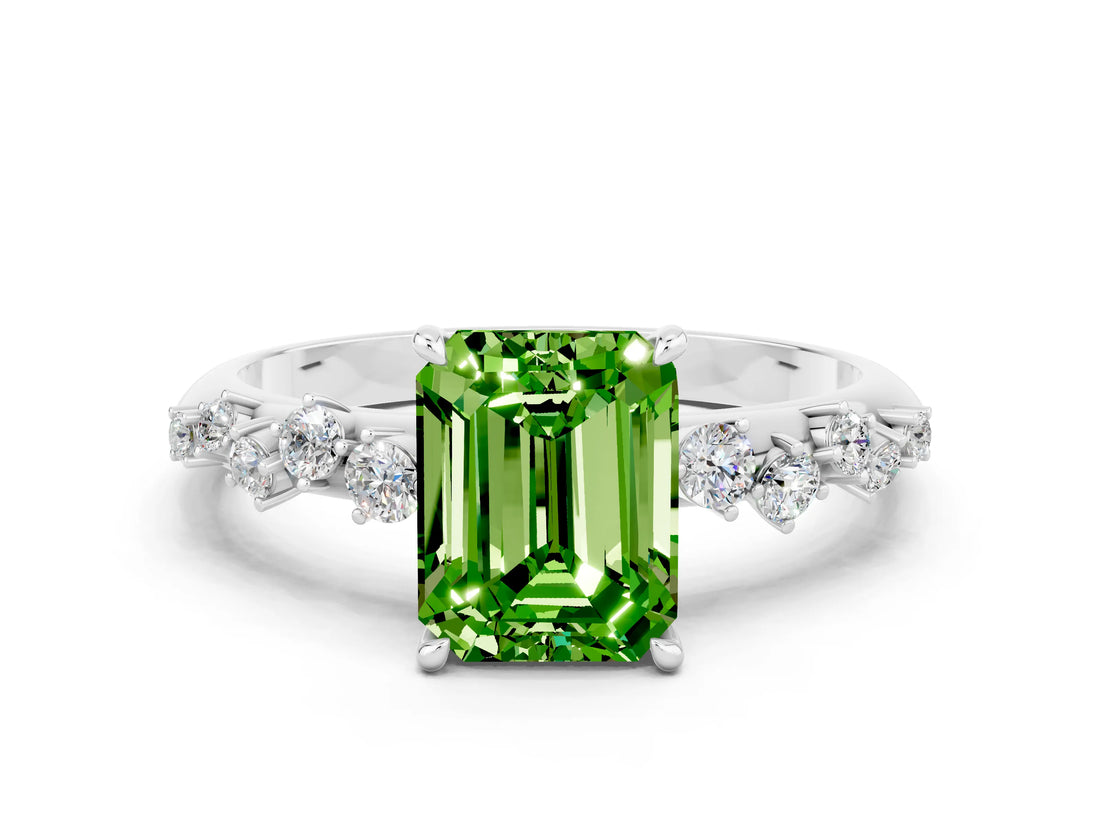White gold Emerald Cut Peridot Cluster Side Stone Solitaire Ring with Prong Setting_24