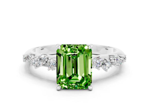 White gold Emerald Cut Peridot Cluster Side Stone Solitaire Ring with Prong Setting