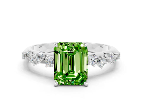 White gold Emerald Cut Peridot Cluster Side Stone Solitaire Ring with Prong Setting_24
