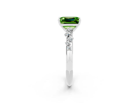 White gold Emerald Cut Peridot Cluster Side Stone Solitaire Ring with Prong Setting_26