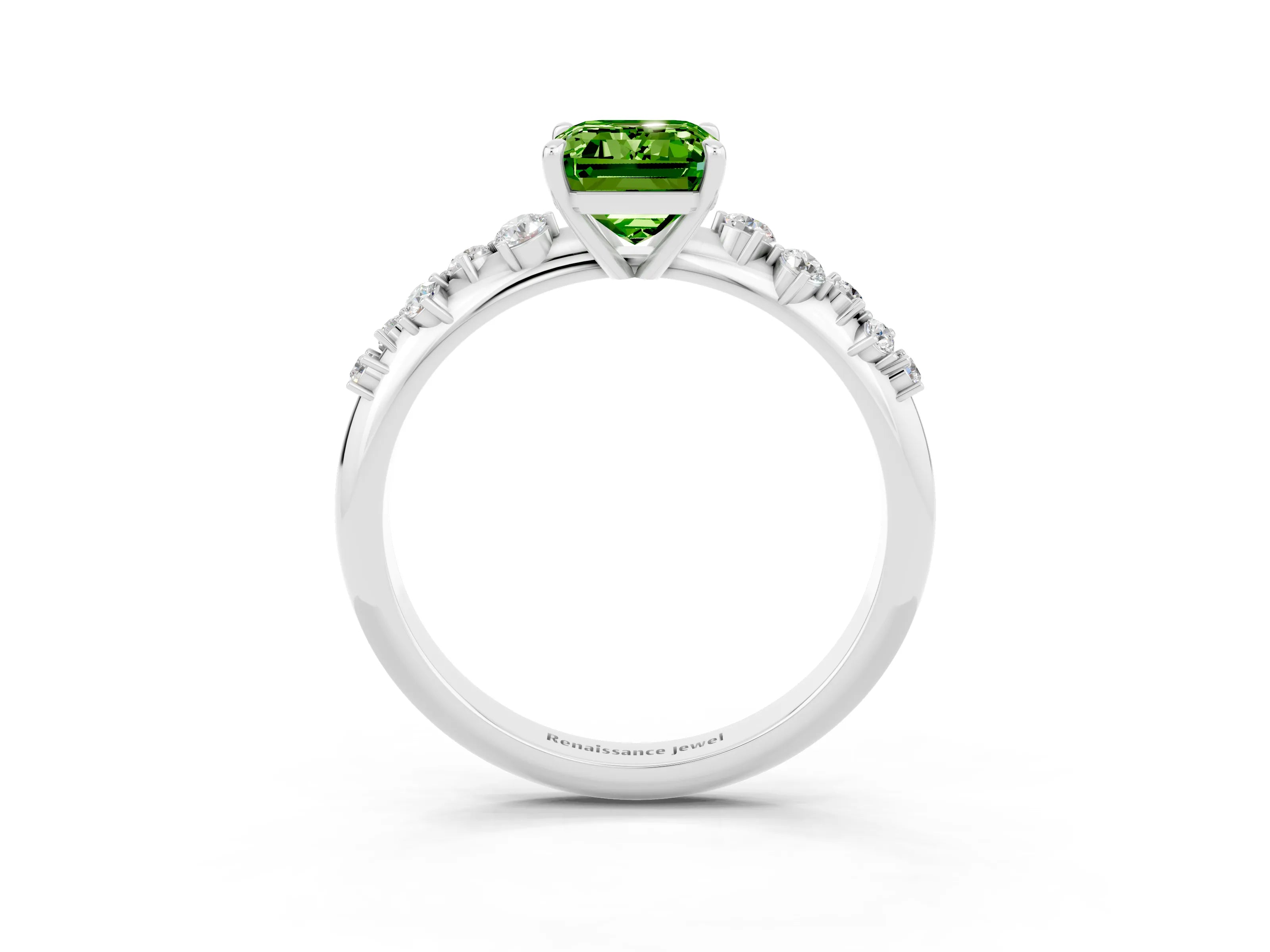 White gold Emerald Cut Peridot Cluster Side Stone Solitaire Ring with Prong Setting_27