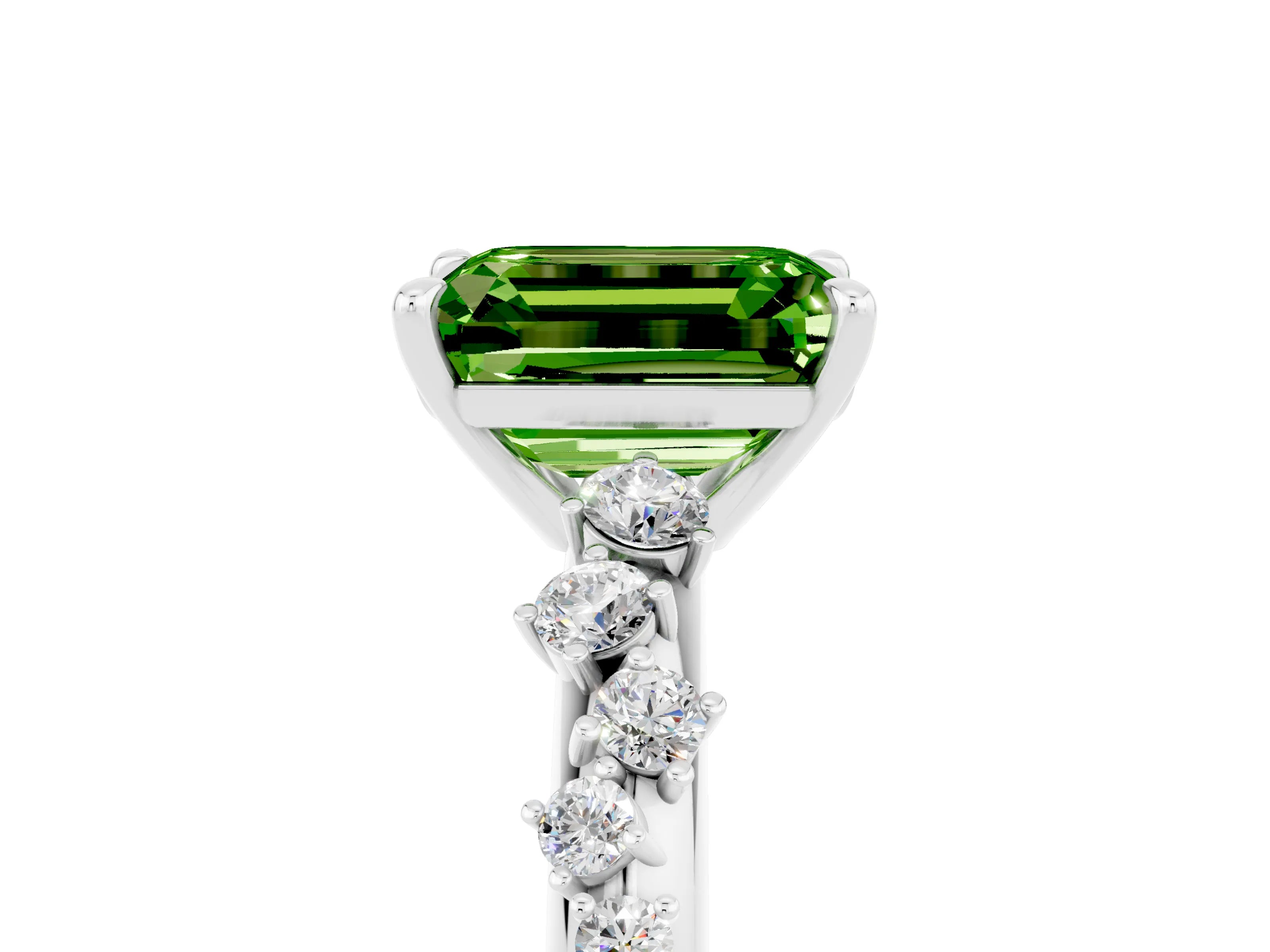White gold Emerald Cut Peridot Cluster Side Stone Solitaire Ring with Prong Setting_29