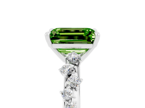 White gold Emerald Cut Peridot Cluster Side Stone Solitaire Ring with Prong Setting_29