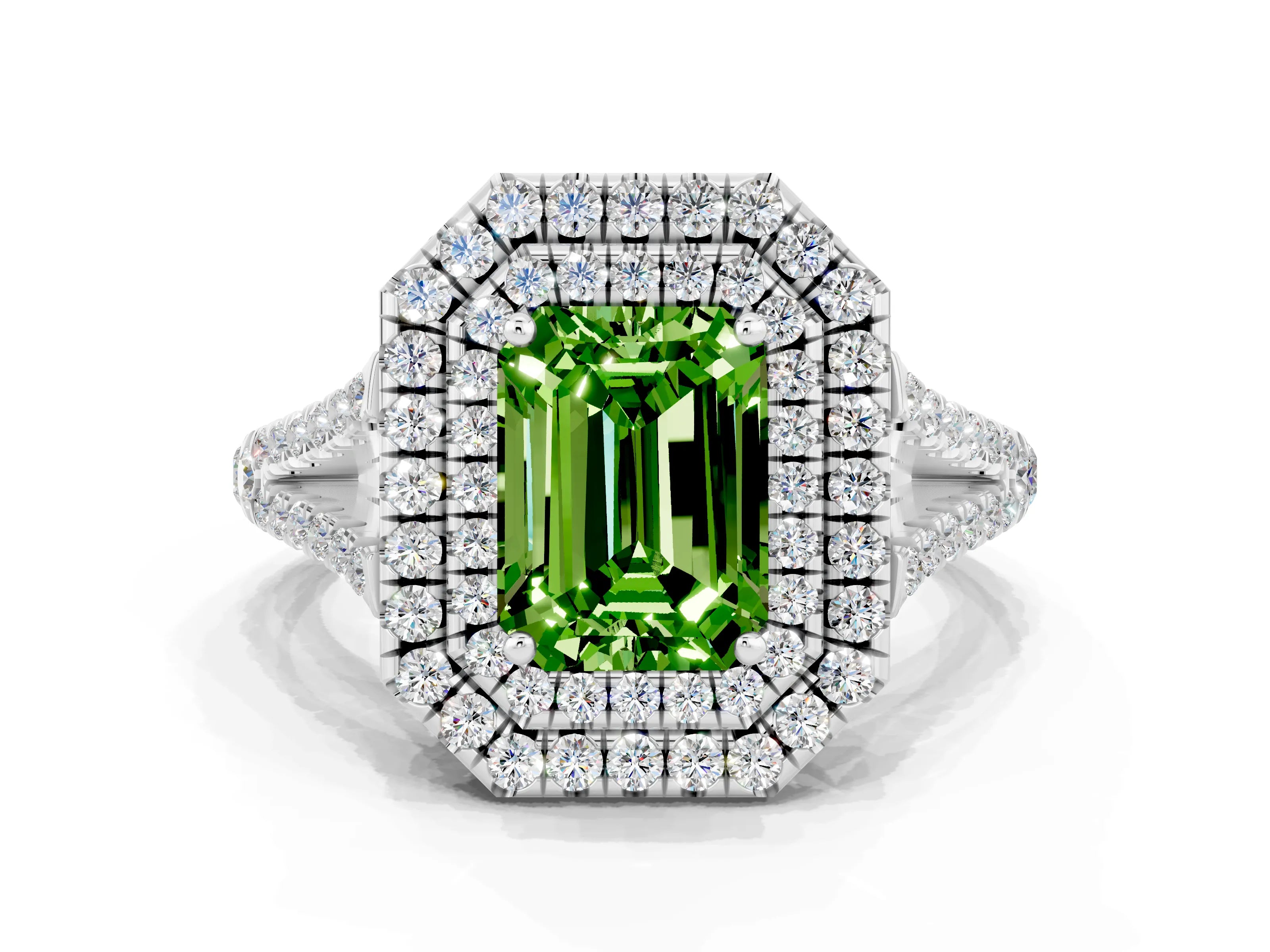 White gold Emerald Cut Peridot Double Halo Ring with Pavé Band and Prong Setting_12