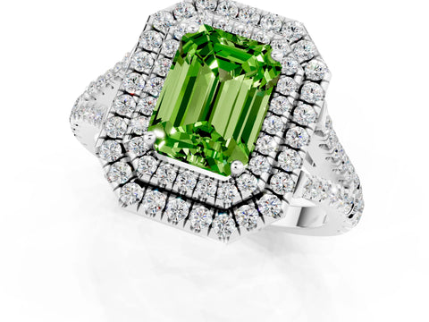 White gold Emerald Cut Peridot Double Halo Ring with Pavé Band and Prong Setting_13