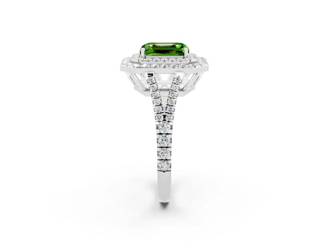 White gold Emerald Cut Peridot Double Halo Ring with Pavé Band and Prong Setting_14