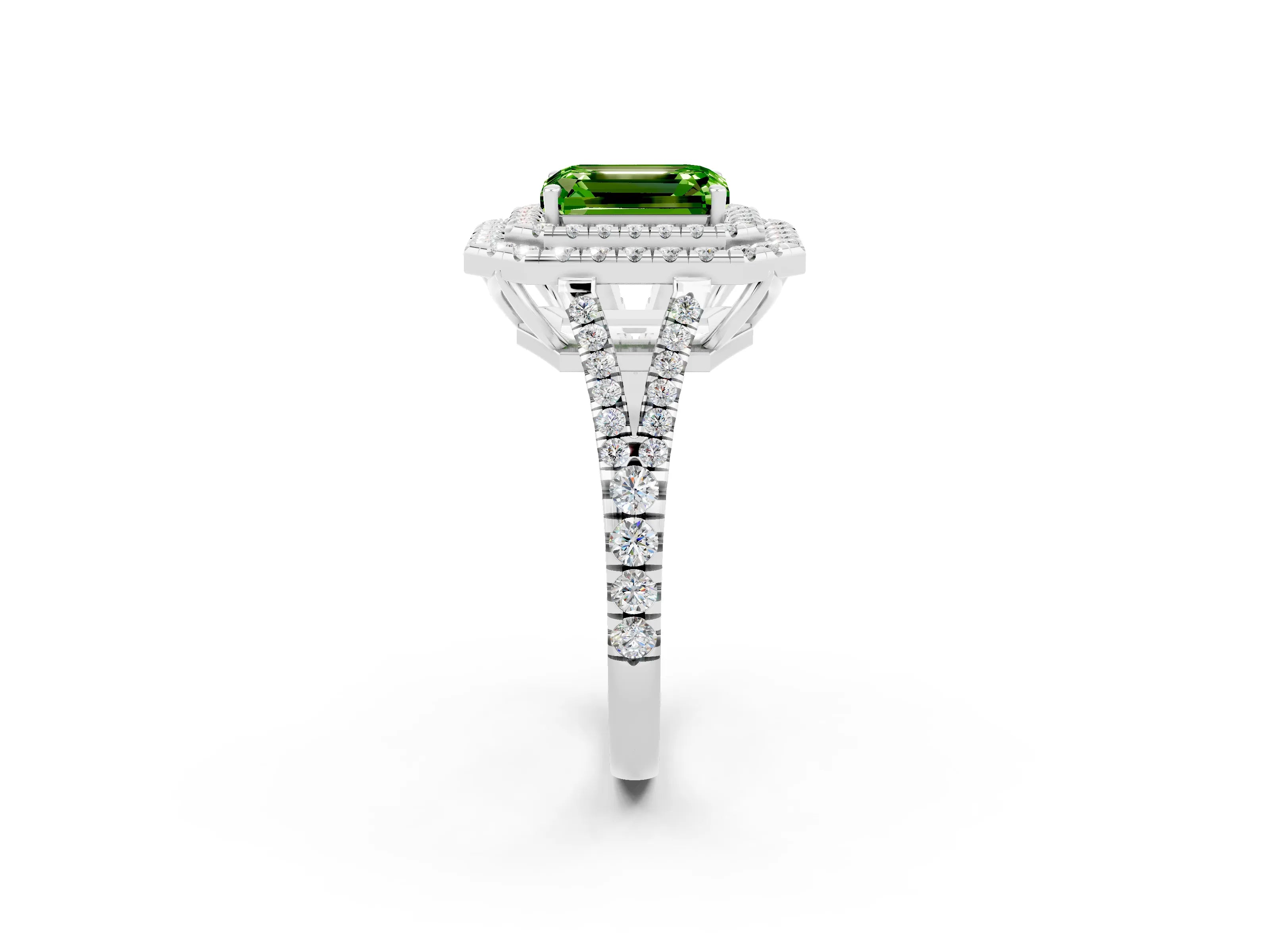 White gold Emerald Cut Peridot Double Halo Ring with Pavé Band and Prong Setting_14