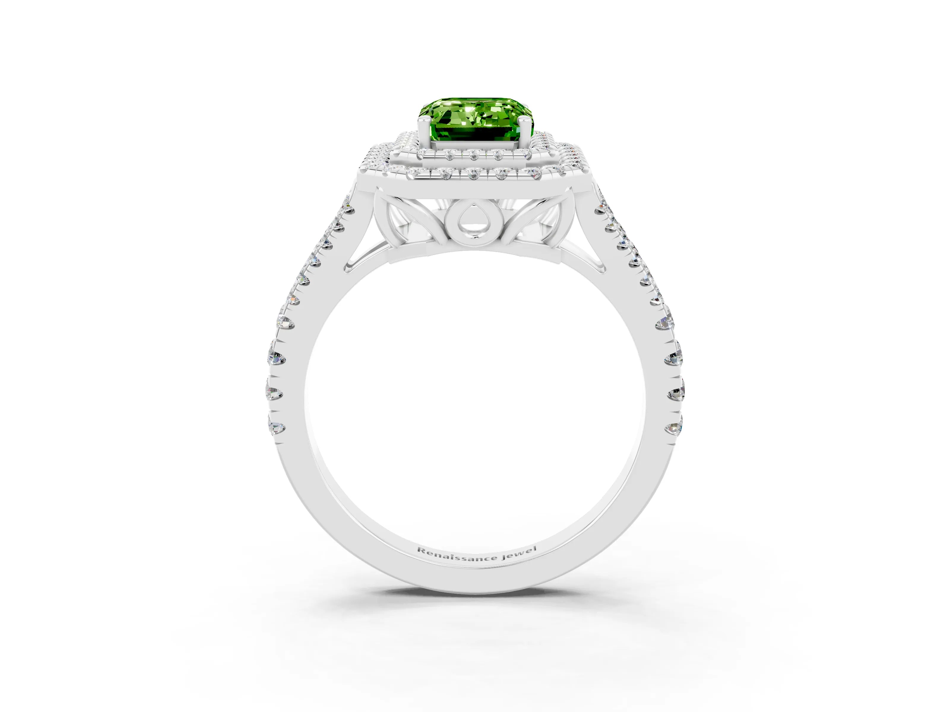 White gold Emerald Cut Peridot Double Halo Ring with Pavé Band and Prong Setting_15