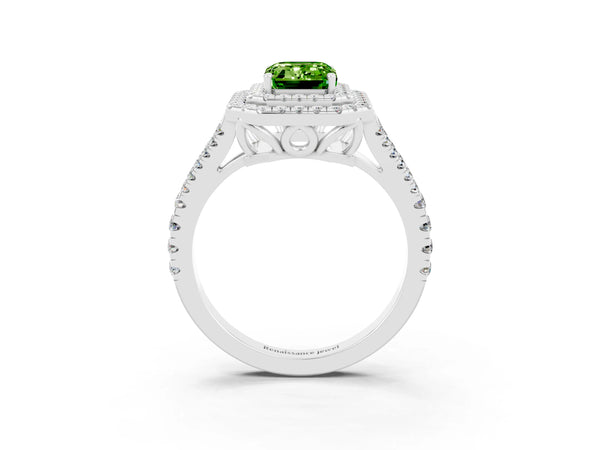 Platinum Emerald Cut Peridot Double Halo Ring with Pavé Band and Prong Setting